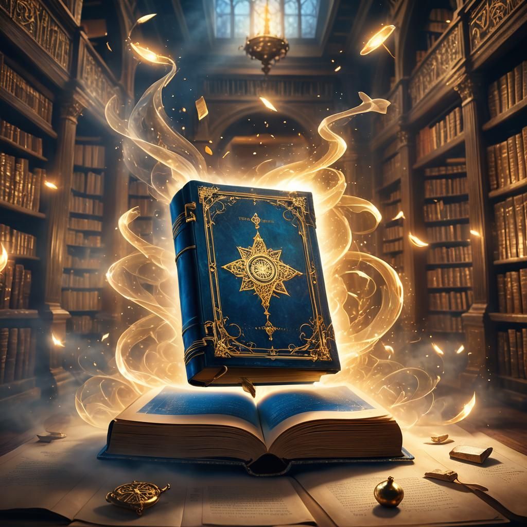 Glowing Magic Book in Grand Library, Digital Art
