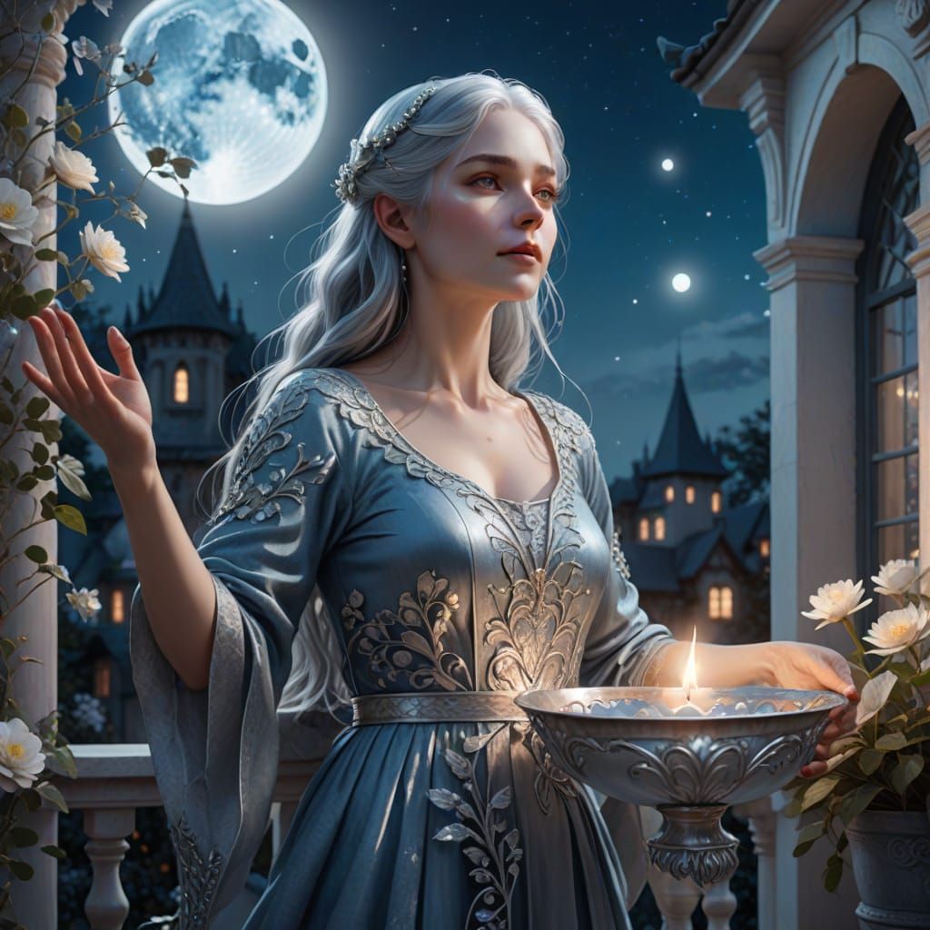 Mystical Woman with Silver Bowl in Floral Balcony