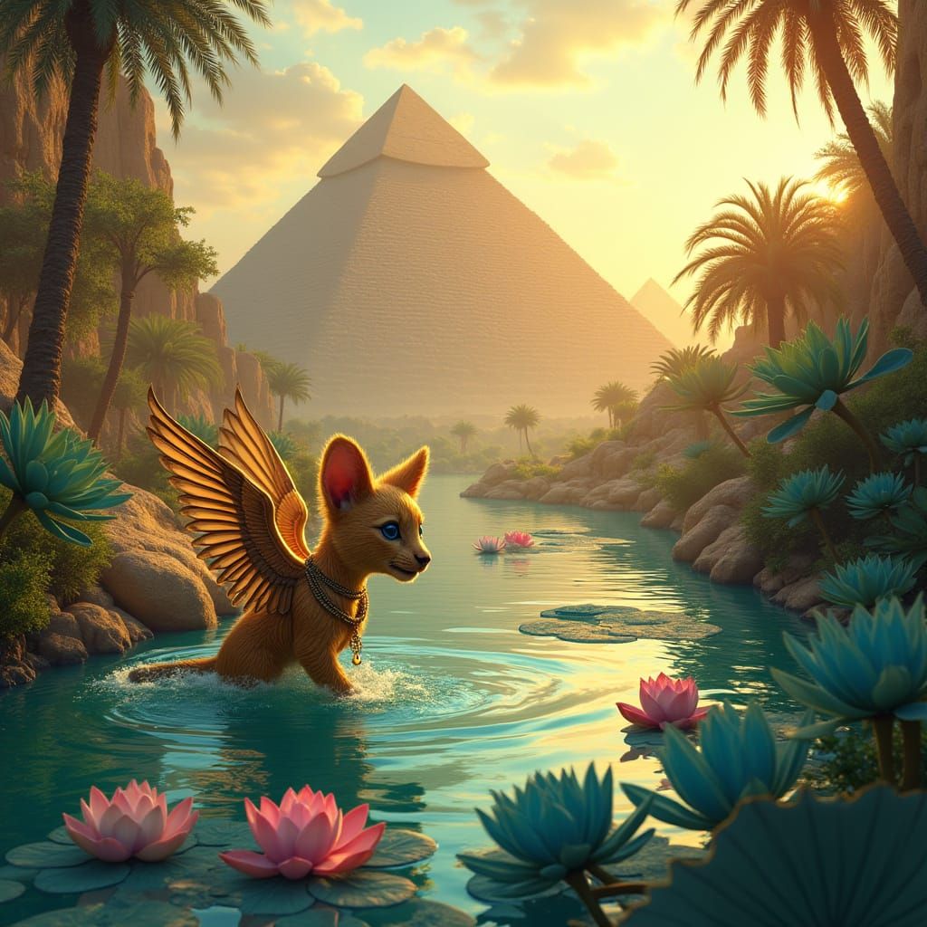 Golden Egyptian Sphinx Cub Plays on Nile Banks Amidst Pyrami...