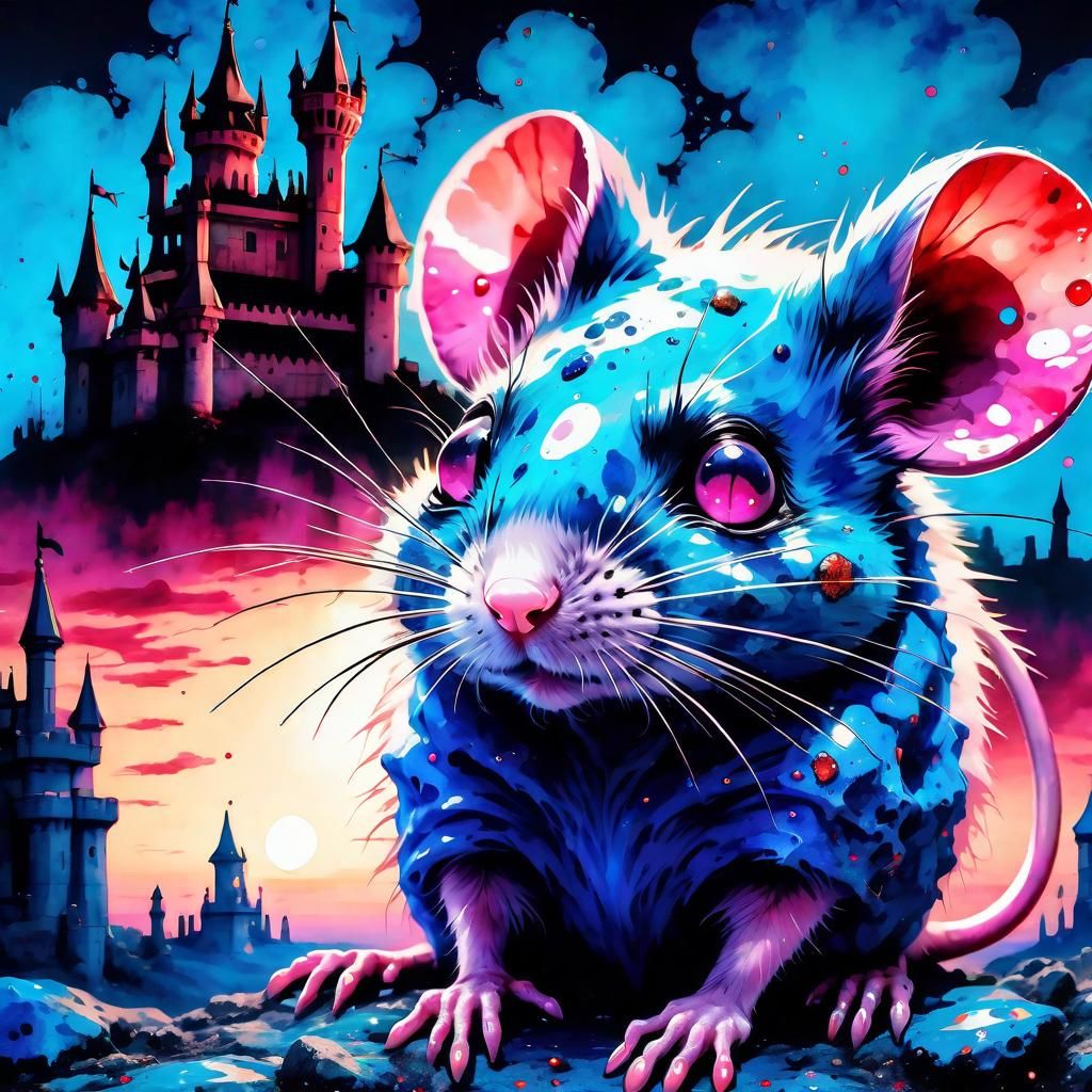 Mystical Mouse Portrait in Vibrant Gothic Sunset