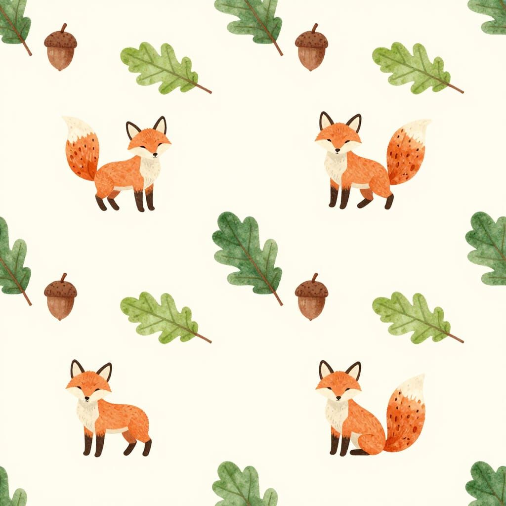 Whimsical Woodland Pattern of Foxes, Acorns, and Leaves
