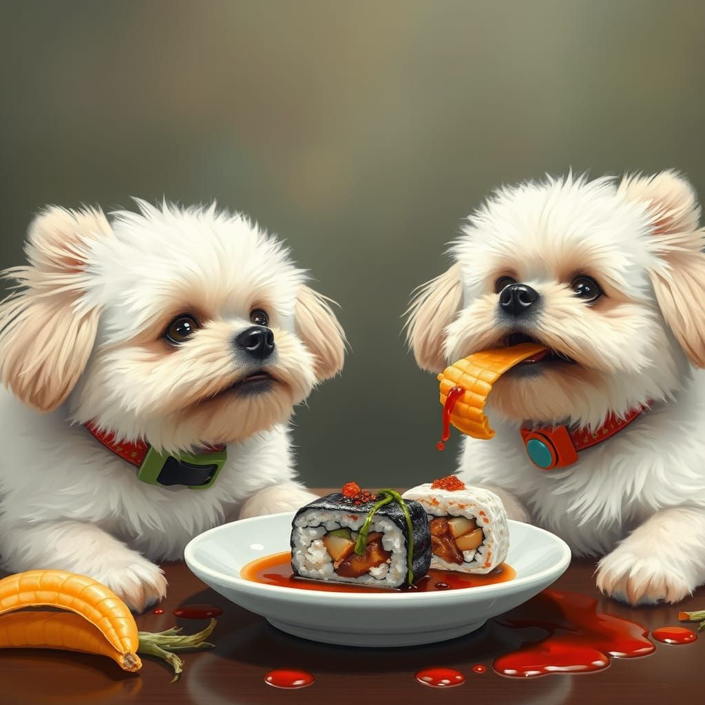 Fluffy Dogs Enjoy Sushi in a Peaceful Setting