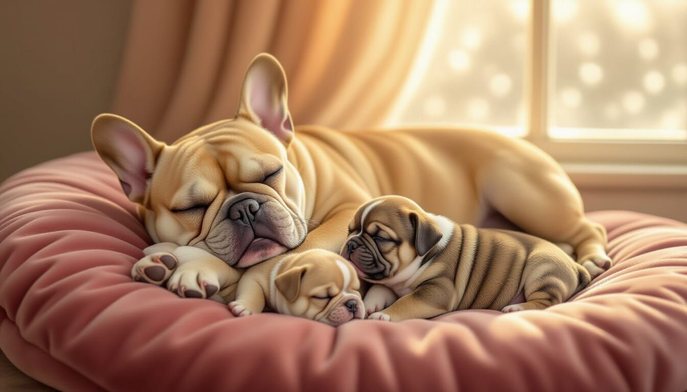 Mother French Bulldog and Puppies in Storybook Style