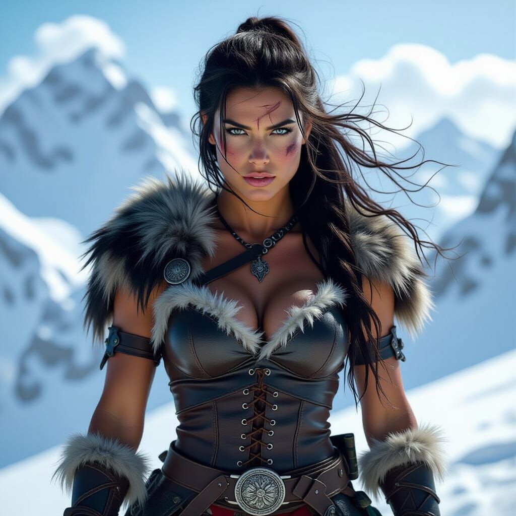Barbarian Warrior Woman on Snowy Mountain Peak