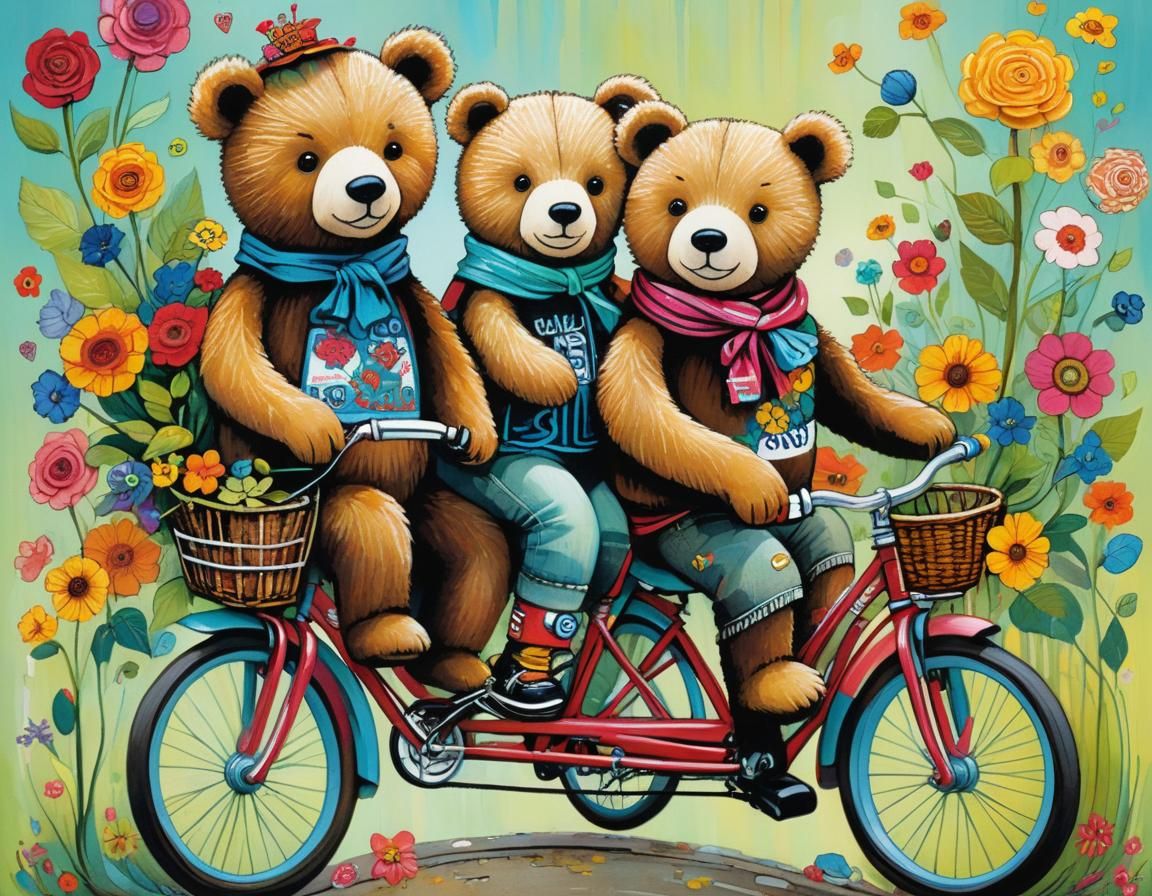 Teddy Bears on Bike: Vibrant Art Brut Illustration