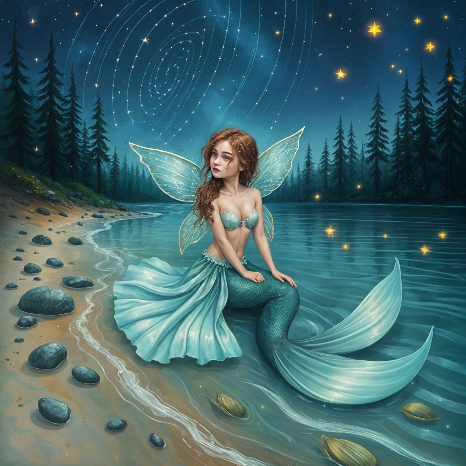 Mermaid with Fairy Wings in Enchanted Nighttime Scene