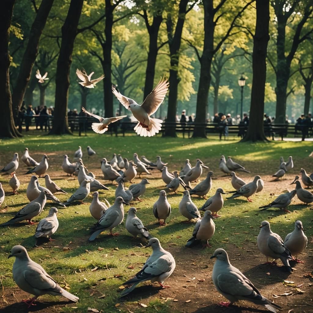 Doves in Park: Cinematic Film Still