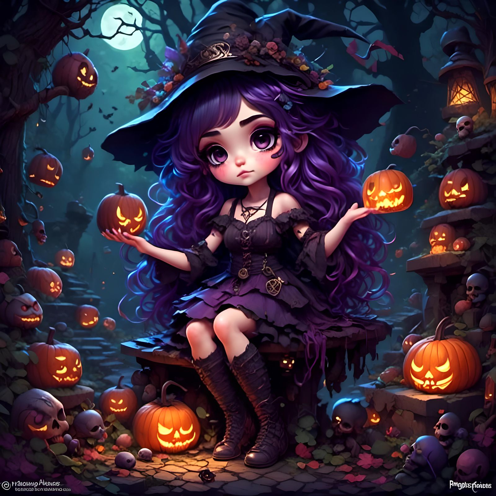 Mischievous Chibi Witch in Twilight, Fantasy Art
