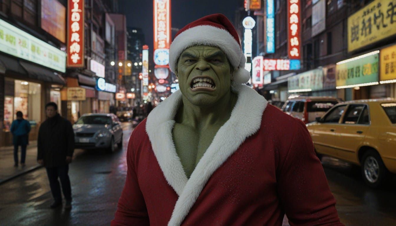 Cyberpunk Hulk Santa Christ Stands Tall in Seoul's Neon Stre...