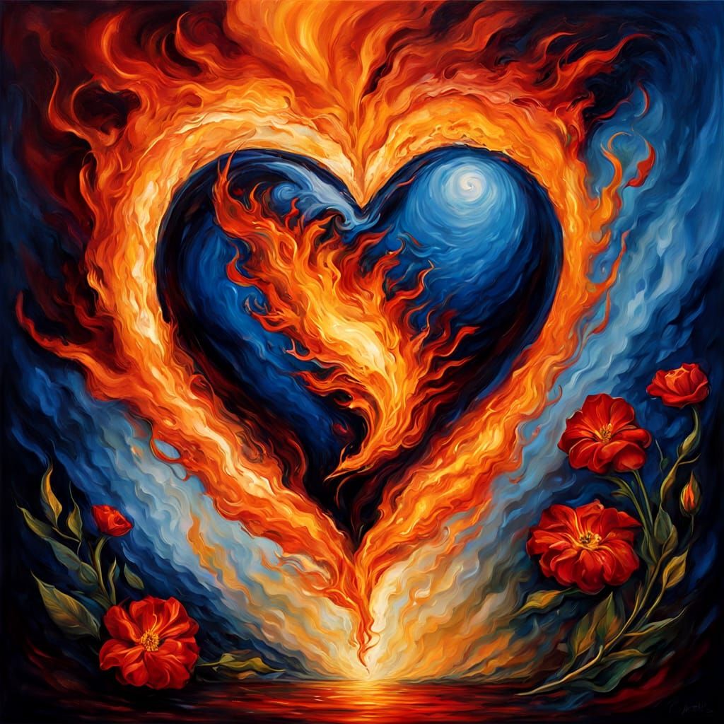 Surrealistic Heart in Flames with Vibrant Red and Blue Bloom...