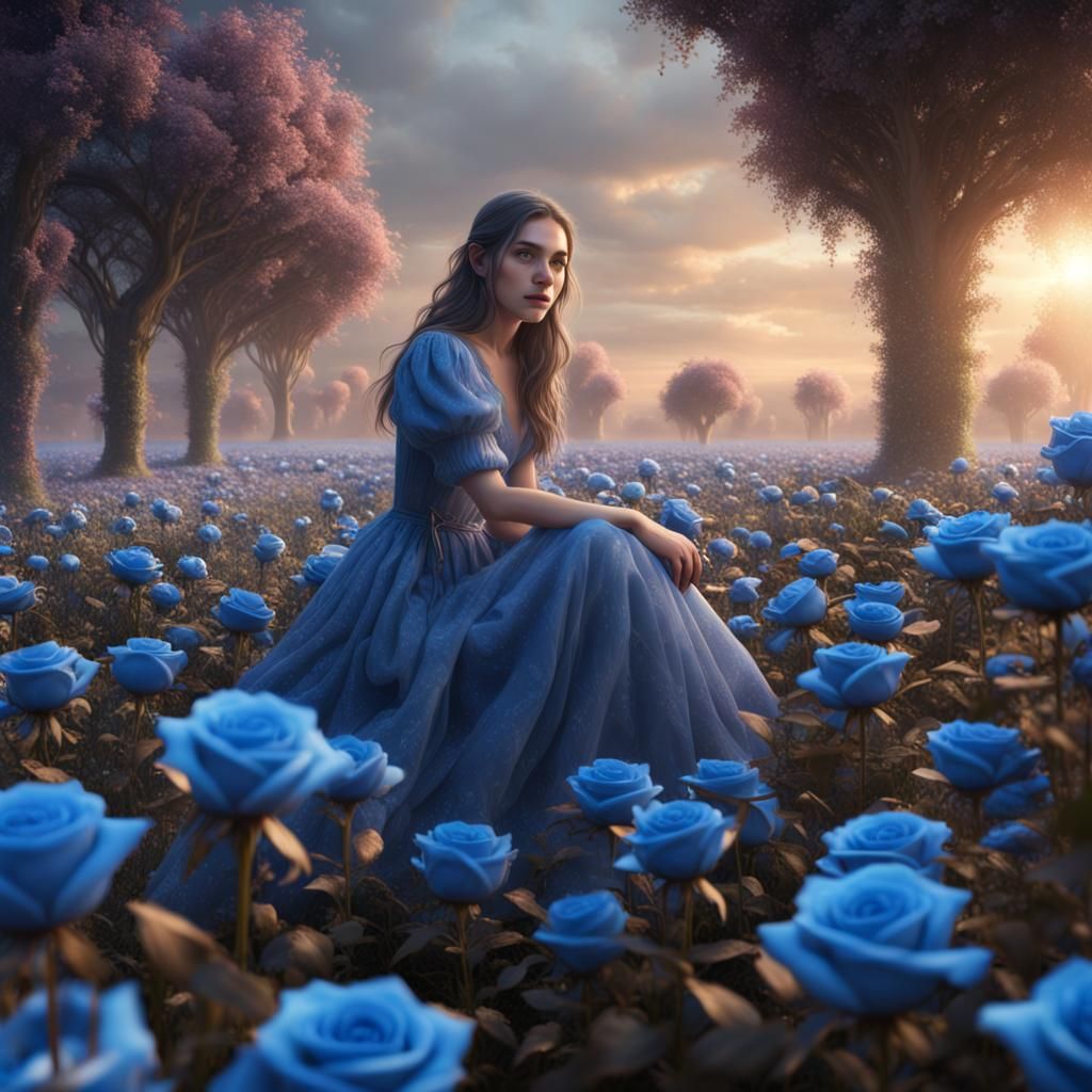 Girl in Blue Rose Field: Detailed Matte Painting