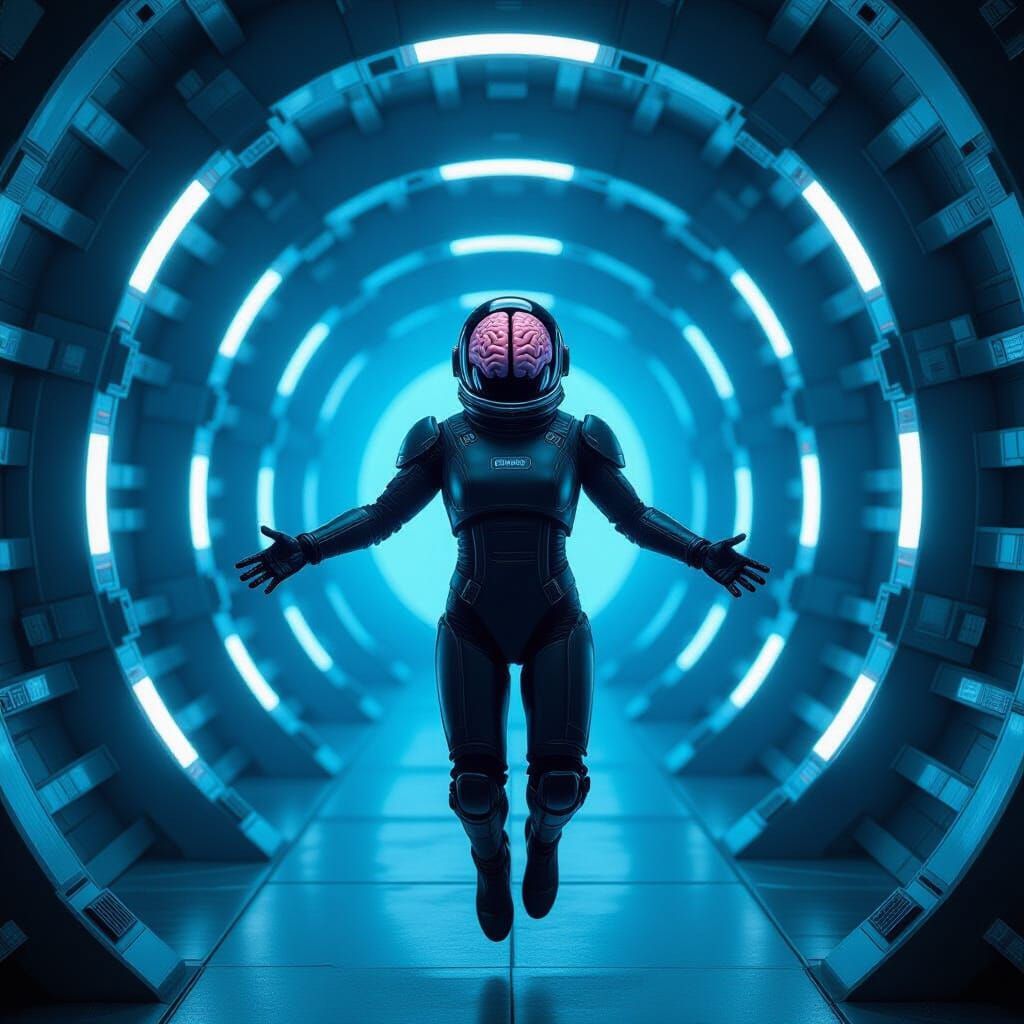 Brain in Spacesuit in Futuristic Chamber, in Syd Mead Style