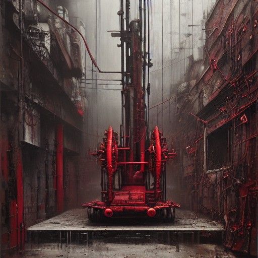 Surreal Crimson Spill in Dieselpunk Cyberpunk Style