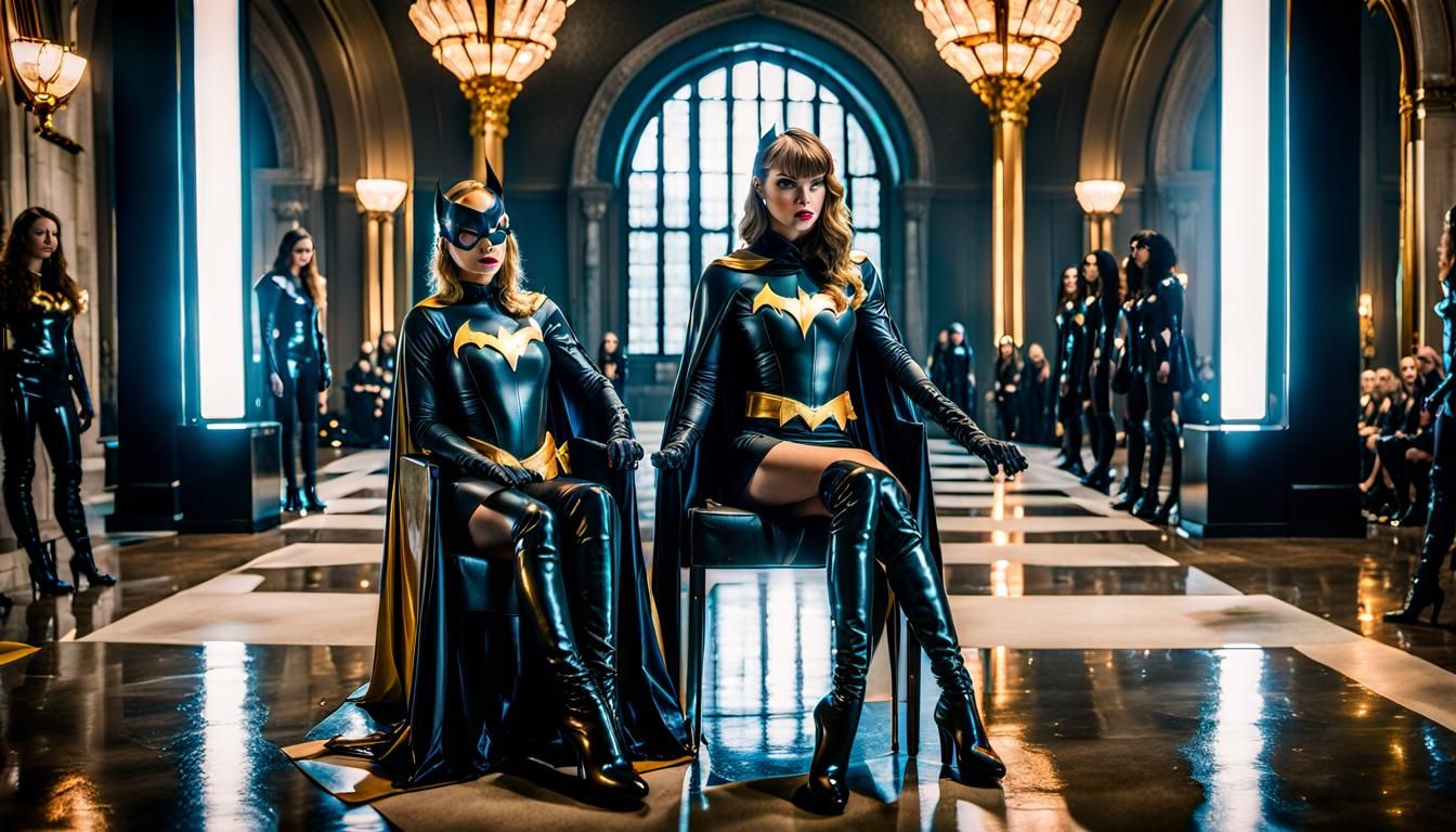 Batgirl-Inspired Heroine in Latex Gown on Throne