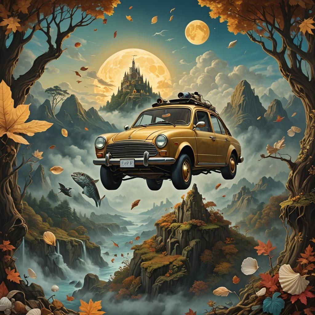 Mona Lisa Driving Flying Car in Hyperrealistic Dali Forest