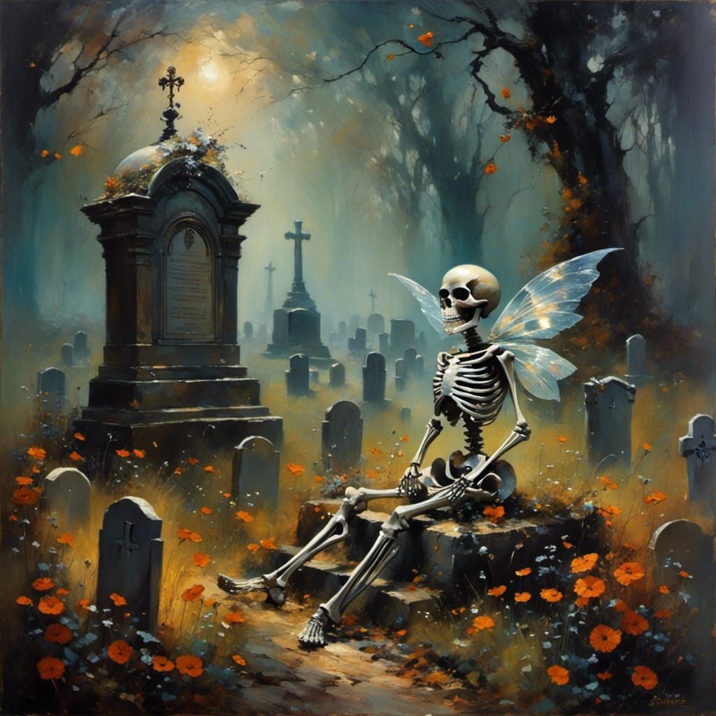 Skeleton Fairy in Graveyard, Oil Painting