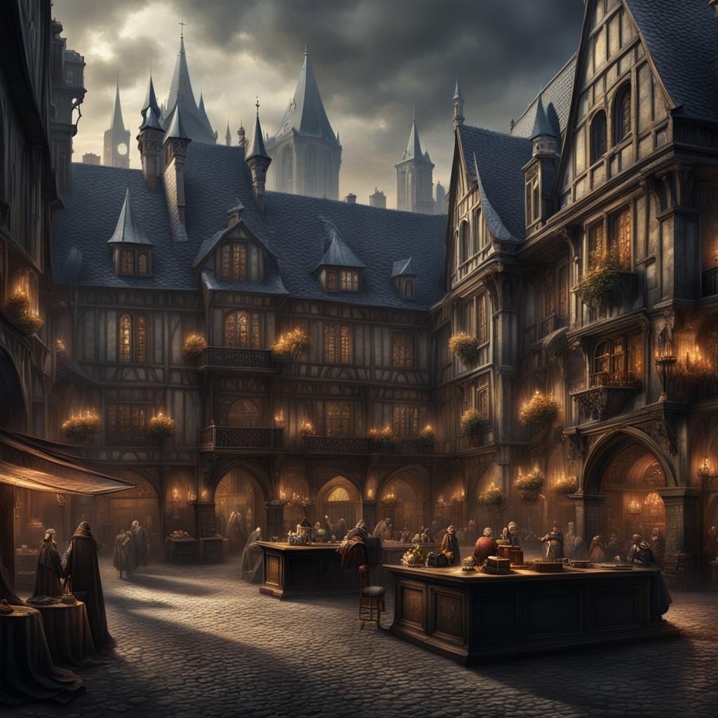 Dark Fantasy Auction House in Medieval French Style