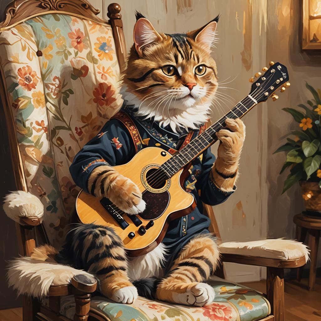 Whimsical Cat Plays Guitar: Oil Painting Illustration