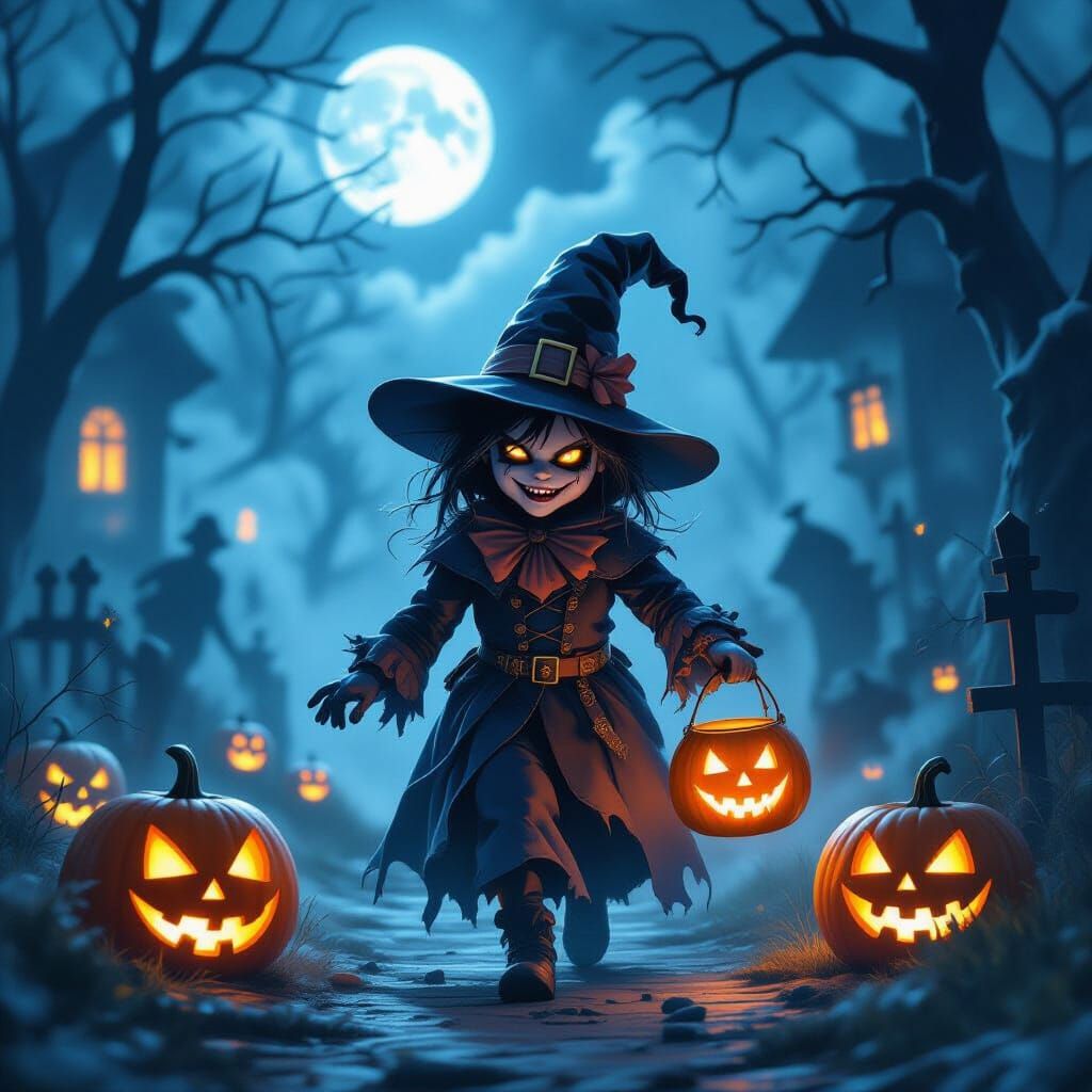 Eerie Halloween Scene with Trick-or-Treater in Foggy Atmosph...