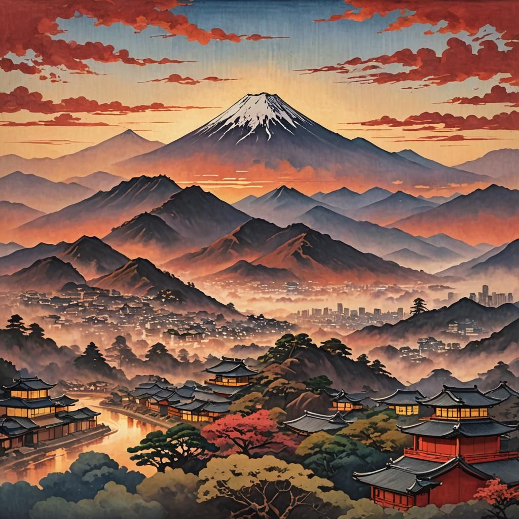 Japanese Mountain Sunset in Ukiyo-e Oil Painting Style