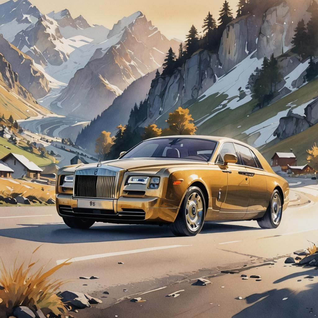 Rolls Royce in Swiss Alps: Dreamy Watercolor Concept