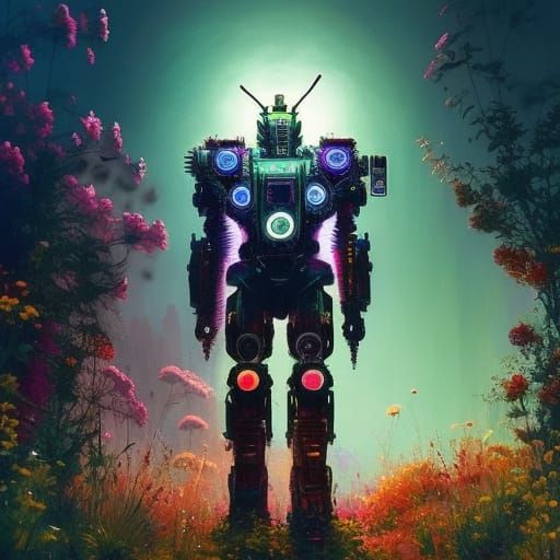 Floral Cyborg Robot in Rococo Cyberpunk Style