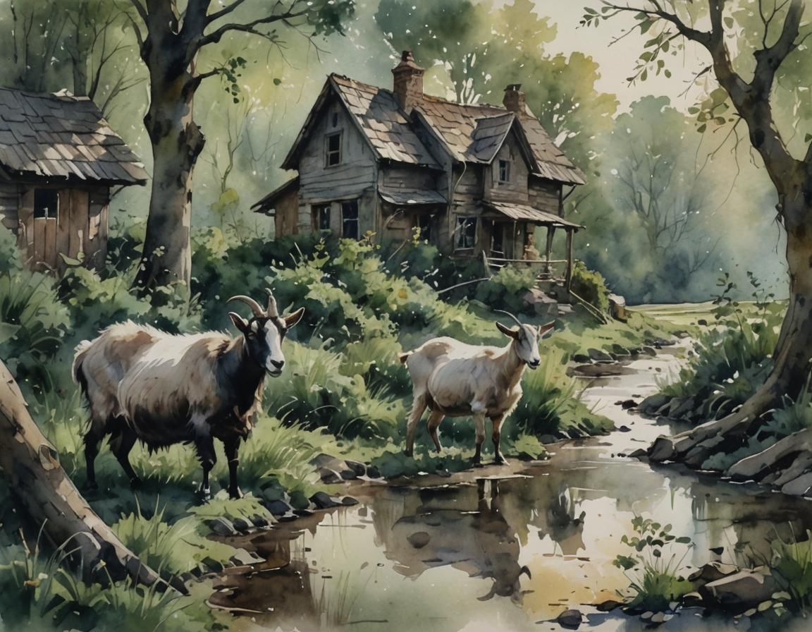 Goat in Meadow: Impressionist Watercolor Painting