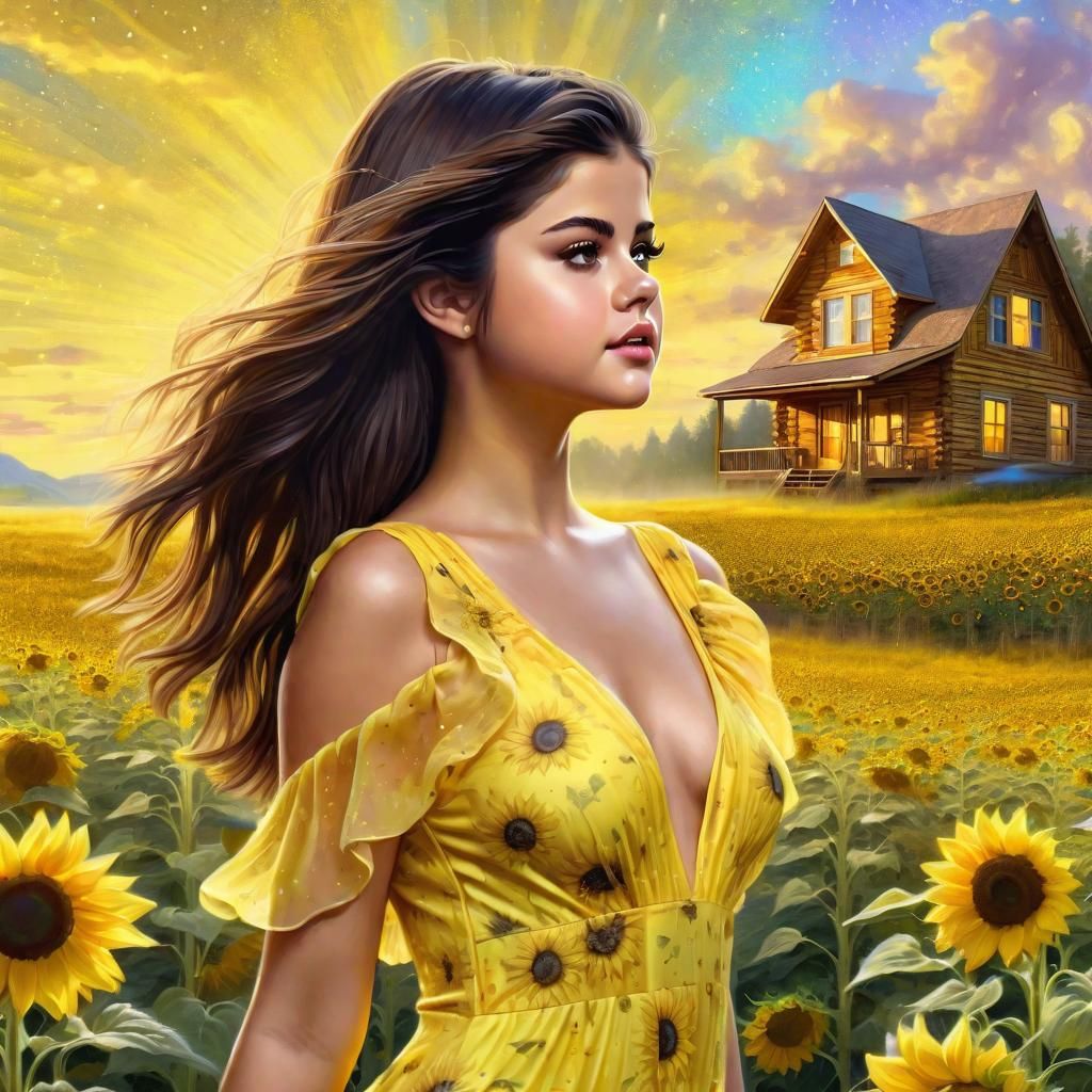 Selena Gomez in a Yellow printed sensual dress, Sunflower field, Wooden Cabin, Sunny, Head and Shoulders, portret, ether...