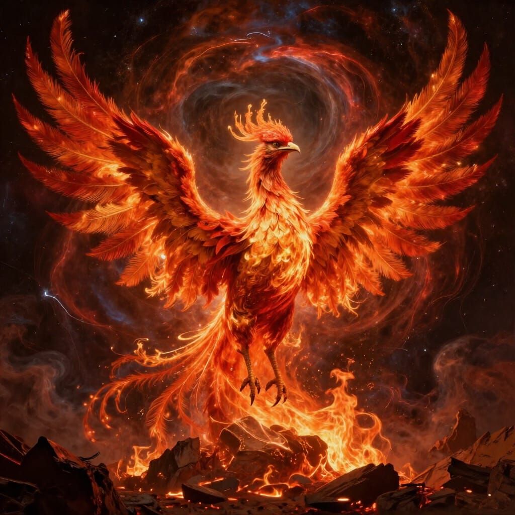 Majestic Phoenix Rises from Embers in Nebula, Renaissance St...