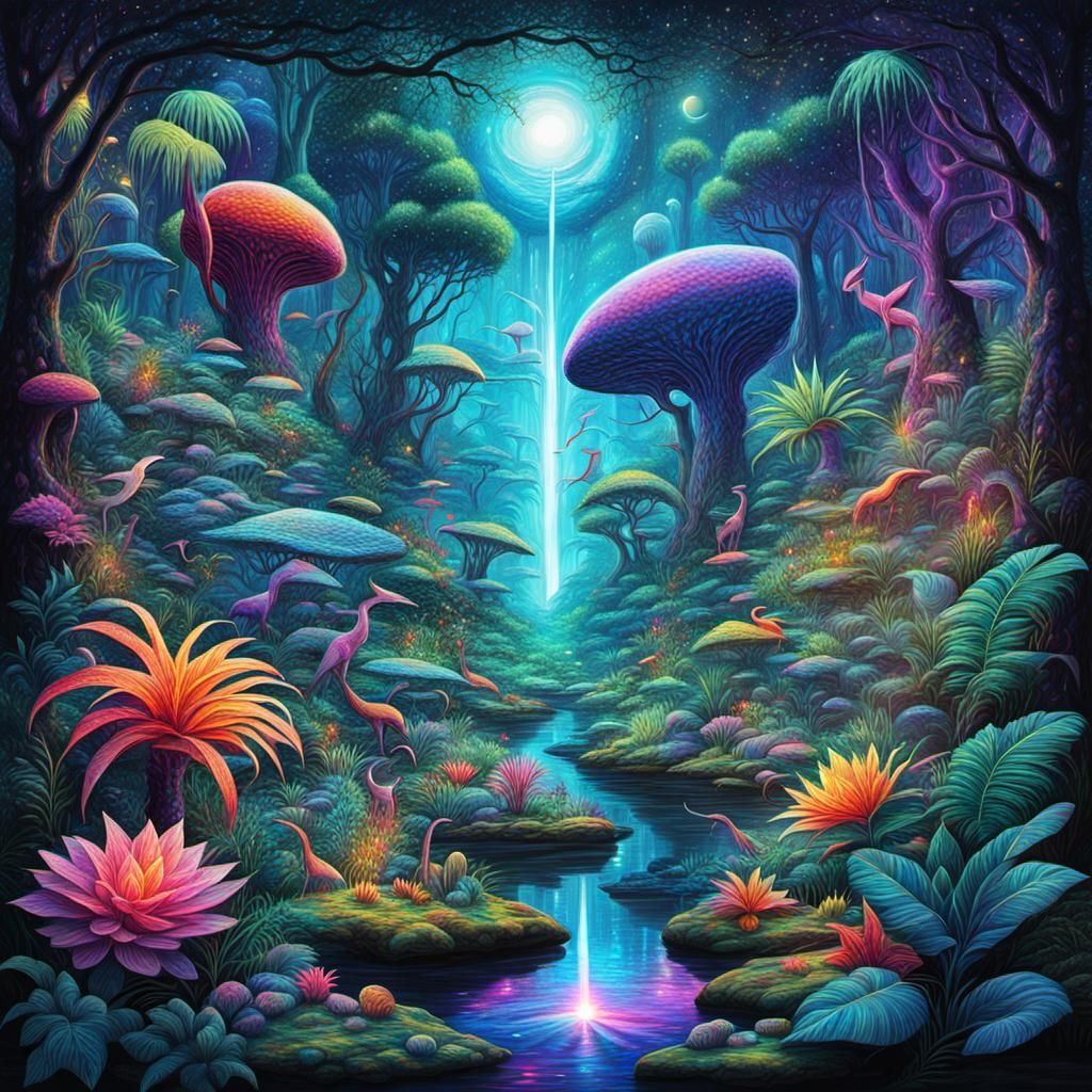 Holographic Alien Jungle Illustration in 8K