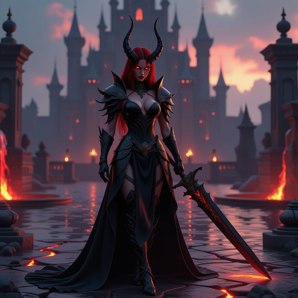 Female Demon Wields Obsidian Sword in Hellish Castle