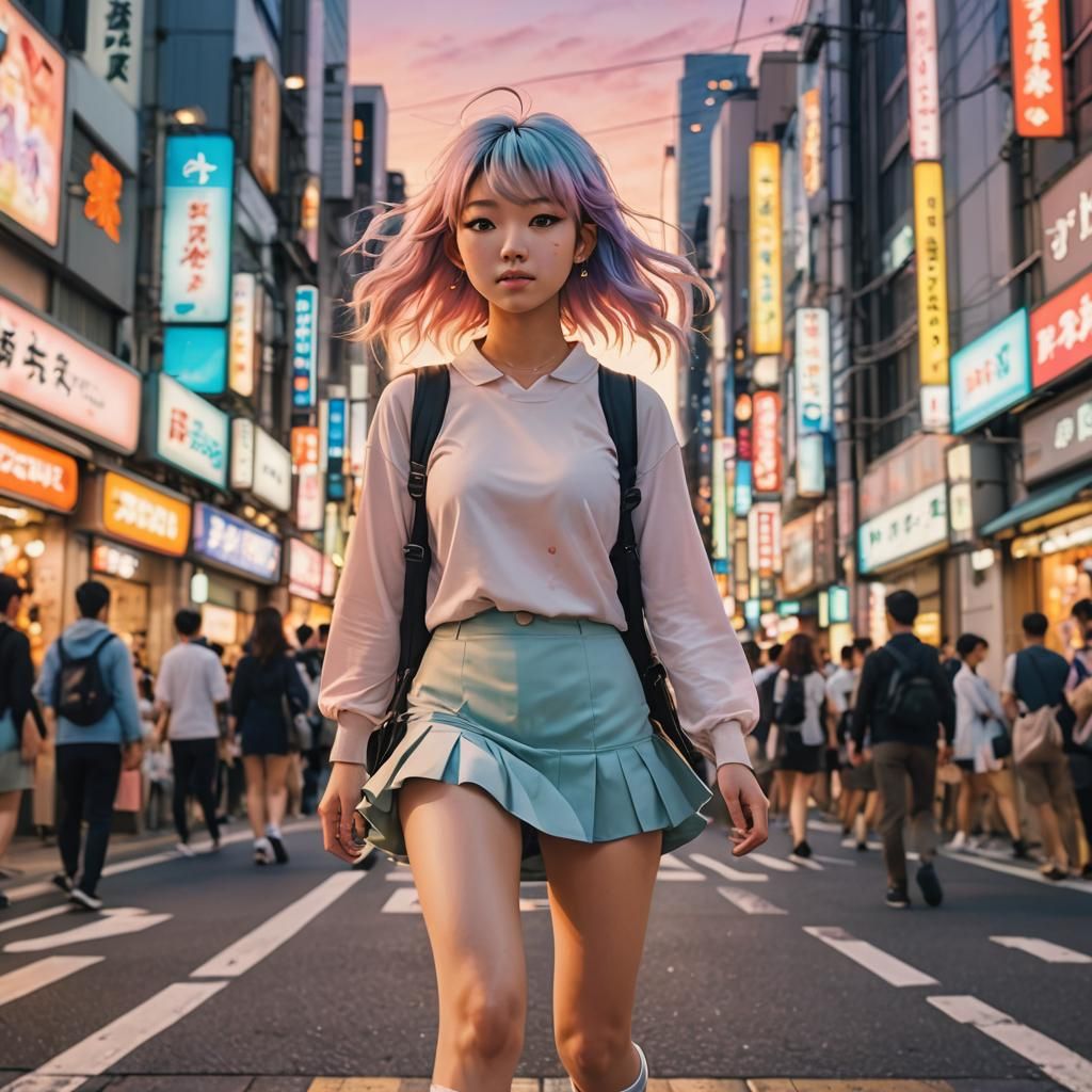 Anime Style: Young Woman in Tokyo Street