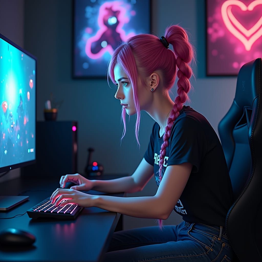 Intense Gamer Girl in a Cyberpunk Gaming Room