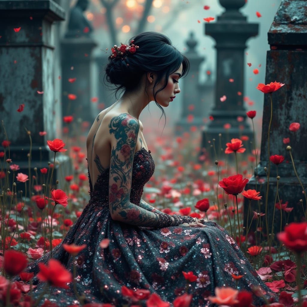 Sorrowful Woman in Glittering Gown Amidst Falling Petals