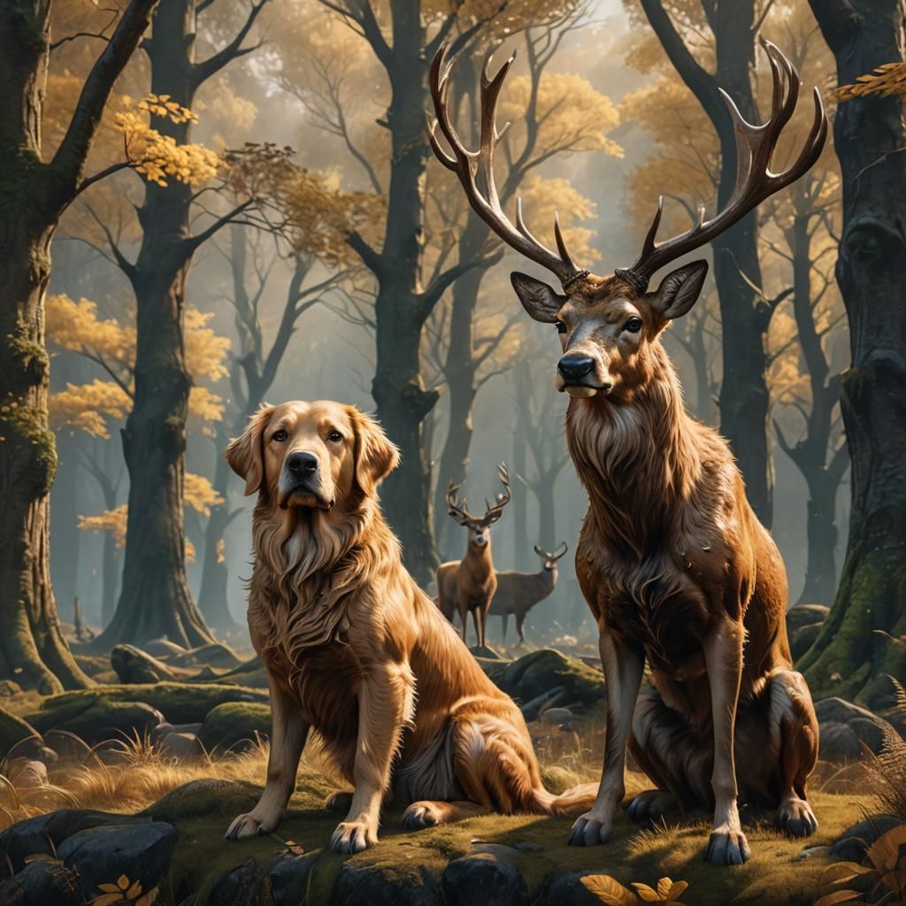 Golden Retriever and Deer: Fantasy Concept Art