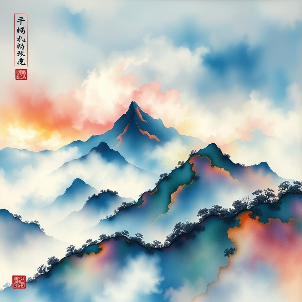 Ethereal Chinese Mountain Landscape in Dreamlike Watercolor
