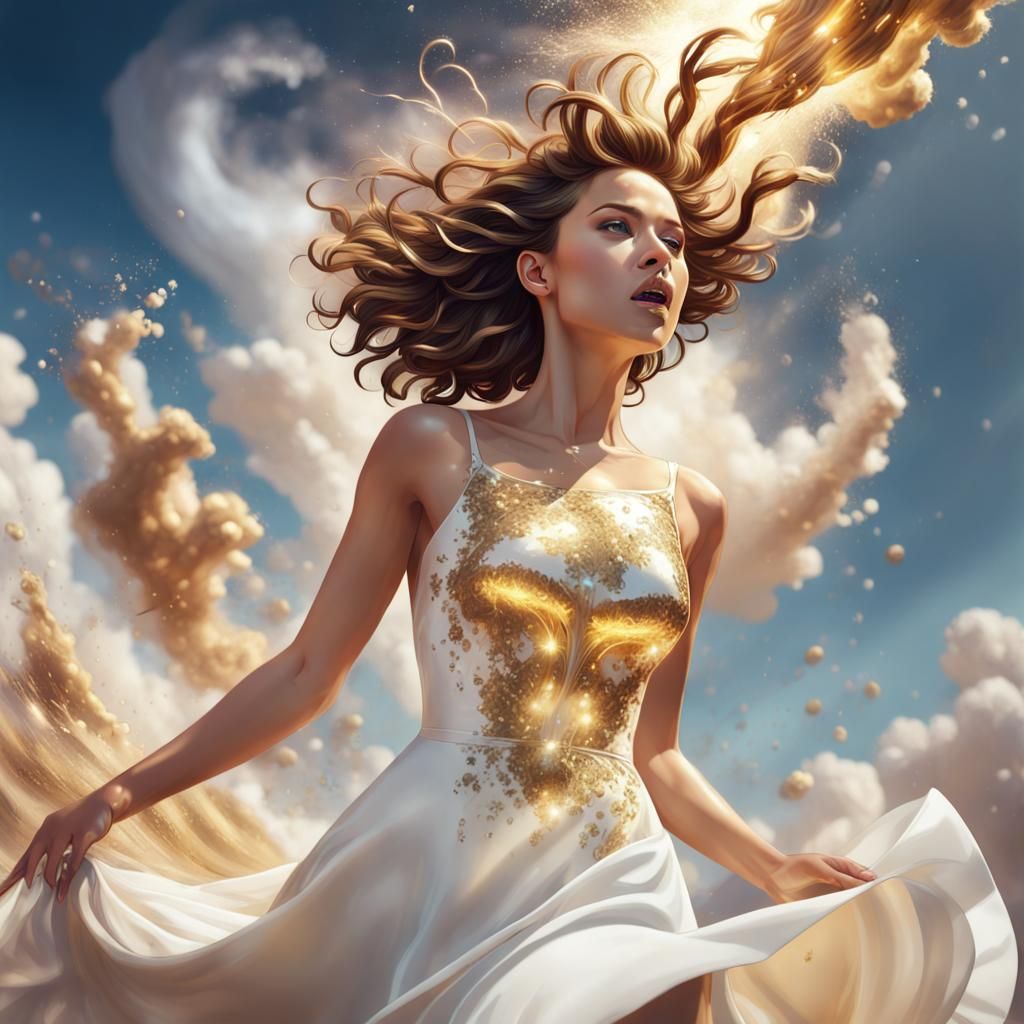 Magical Woman in Golden Dress, Hyperrealistic Art