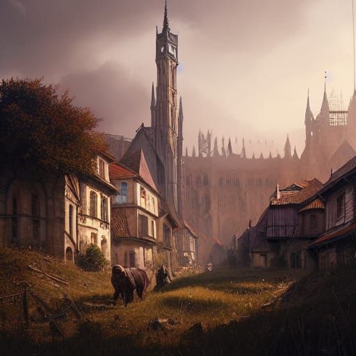Medieval Town in a Radiant Landscape, Matte Painting