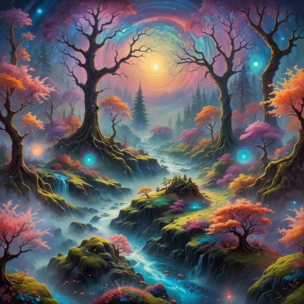 Mystical Planet with Fluorescent Forests: Surreal Art