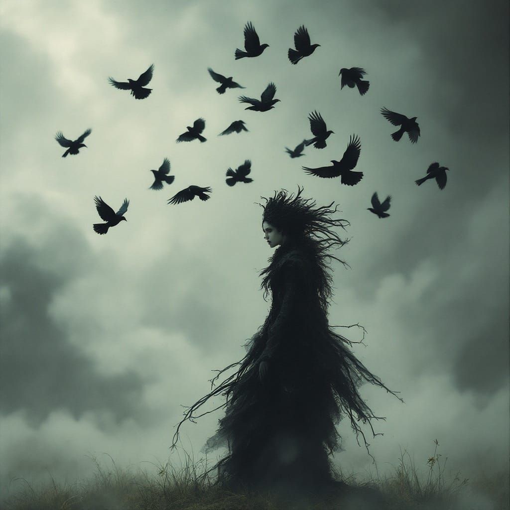 Mysterious Figure Led by Ravens in Dark Landscape