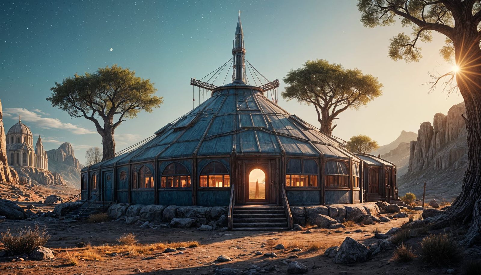Retro-Futuristic Yurt Church in a Barren, Rocky Landscape