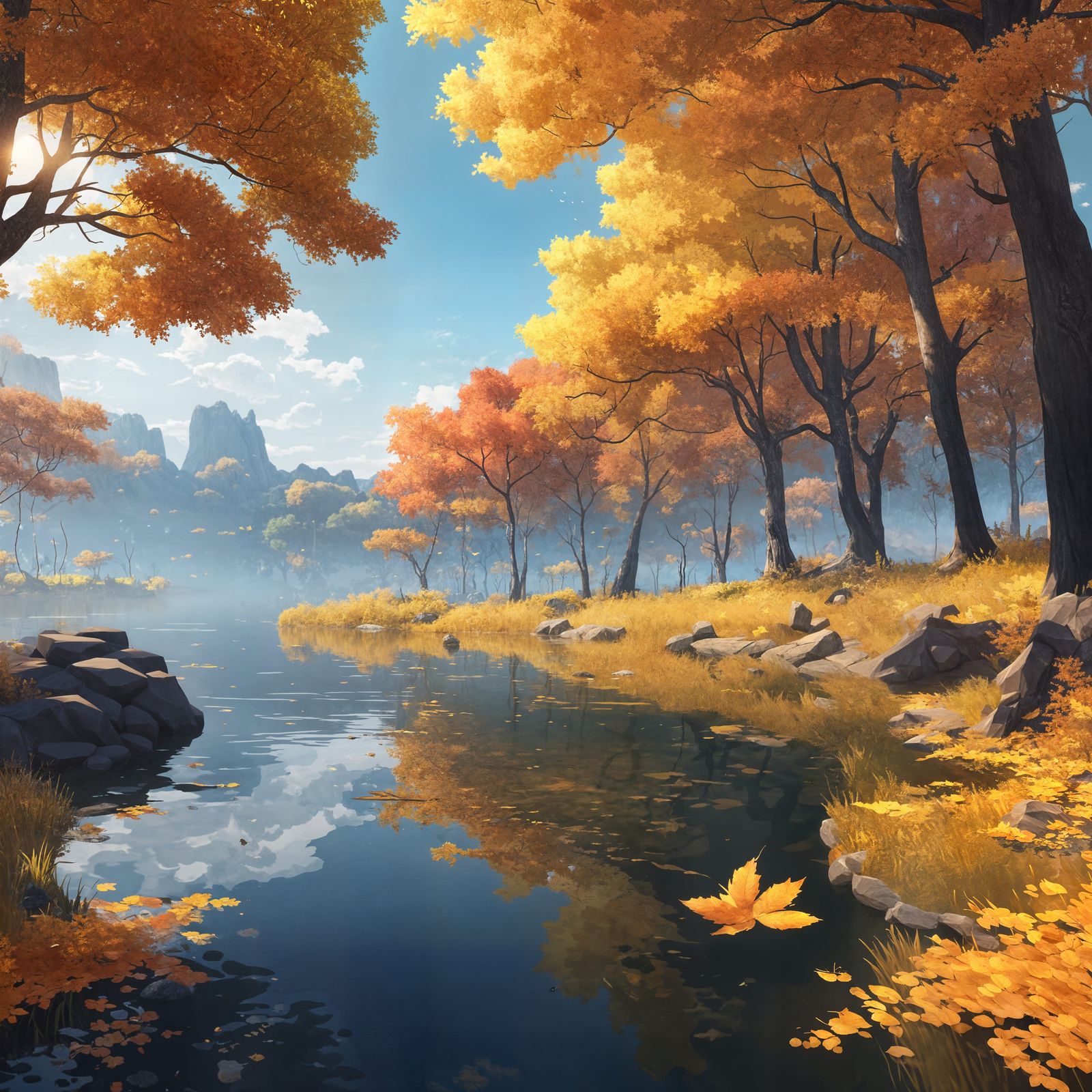 Serene Autumn Lake Landscape in Cyberpunk 3D Style