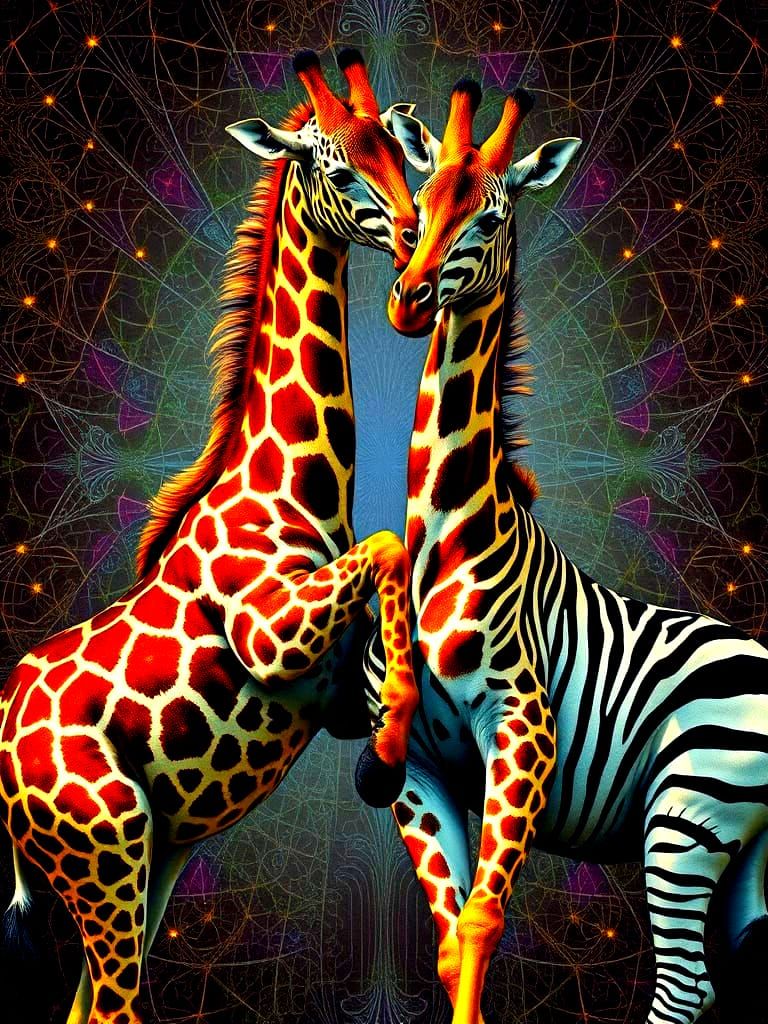 Dancing Giraffes and Zebras in Pointillism Style