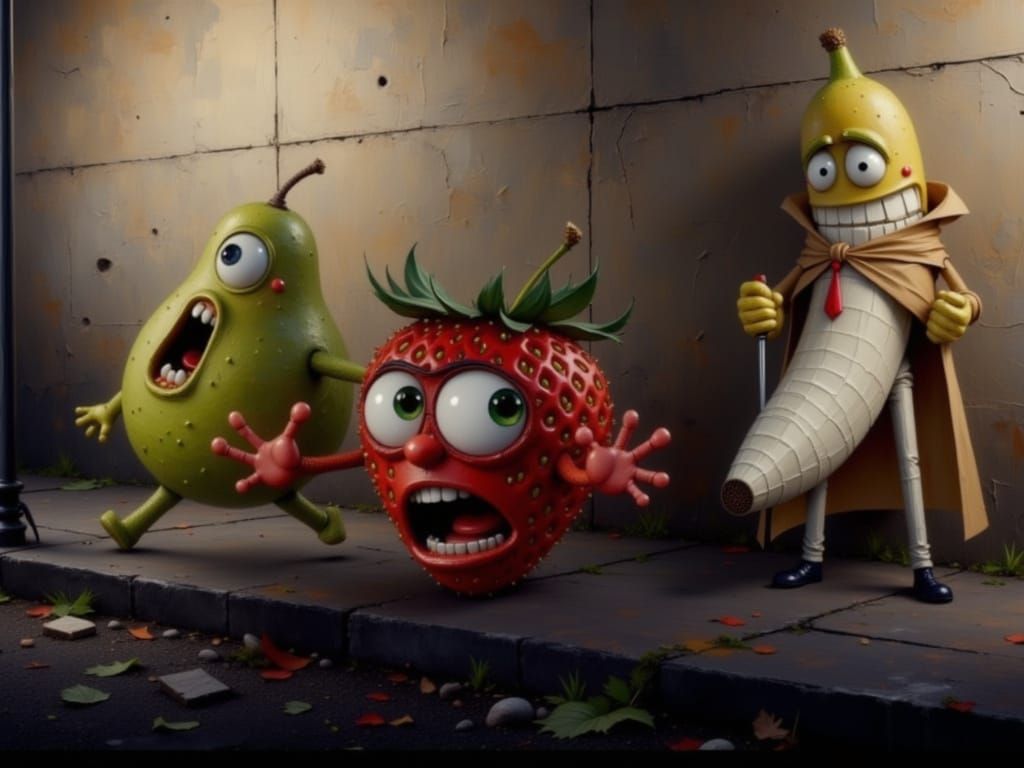 Surreal Fruit Chaos in Noir Cartoon Style