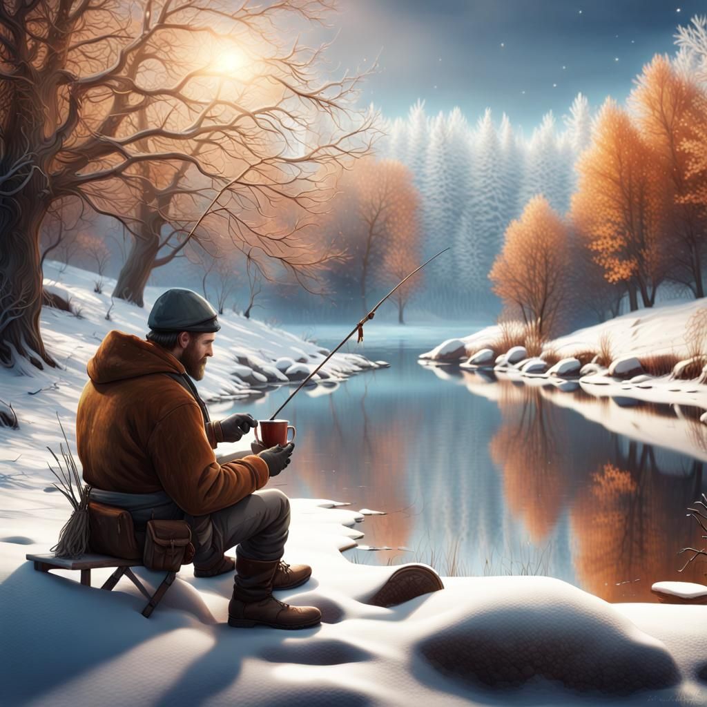 Ethereal Winter Riverscape with Fisherman, Ultra-HD Illustra...