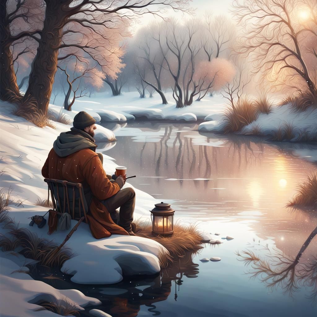 Winter Riverscape Fisherman Enjoying Hot Drink