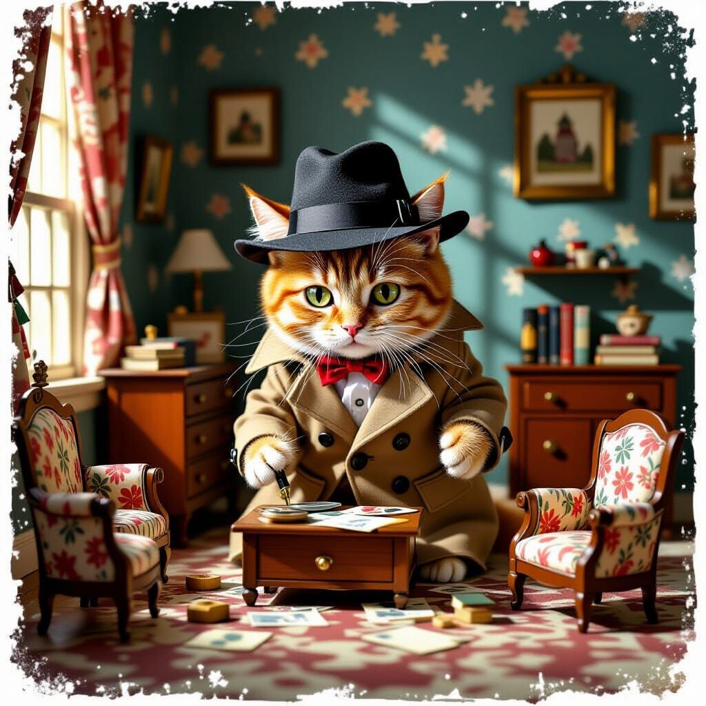 A mischievous ginger cat wearing a tiny detective's hat