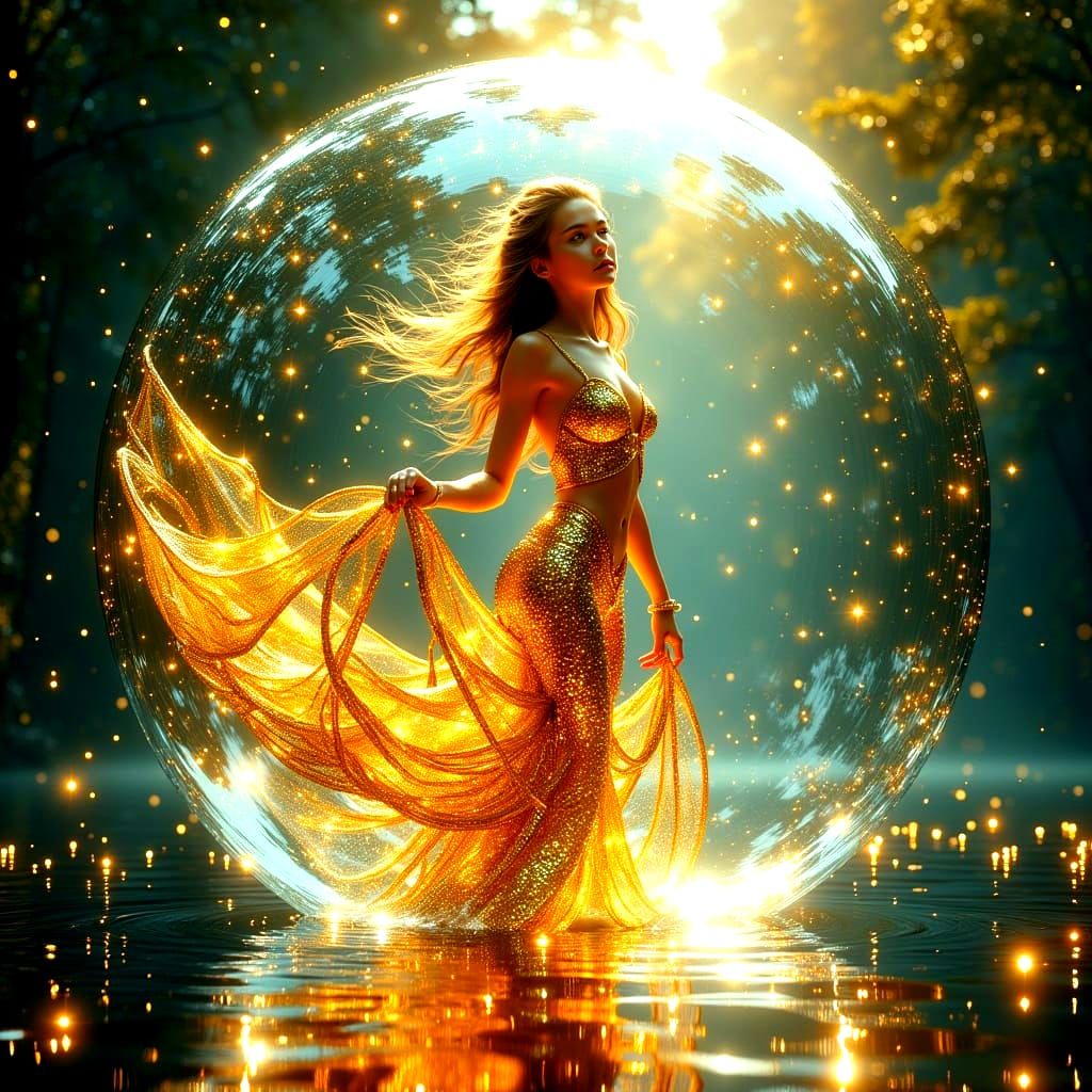 Golden Mermaid in Water Bubble, Digital Art