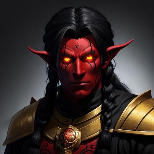 Tiefling Portrait: Red Skin, Braided Hair, Yellow Eyes