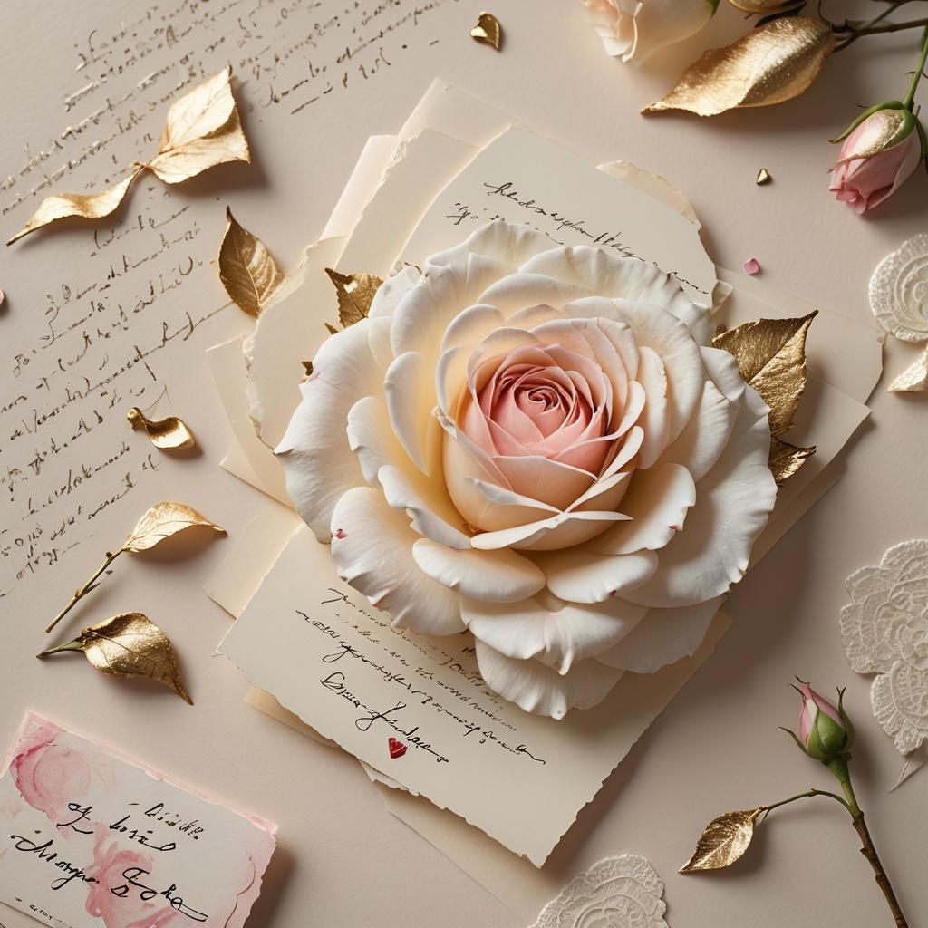 Pink and White Rose with Romantic Card, Ukiyo-e Anime Style